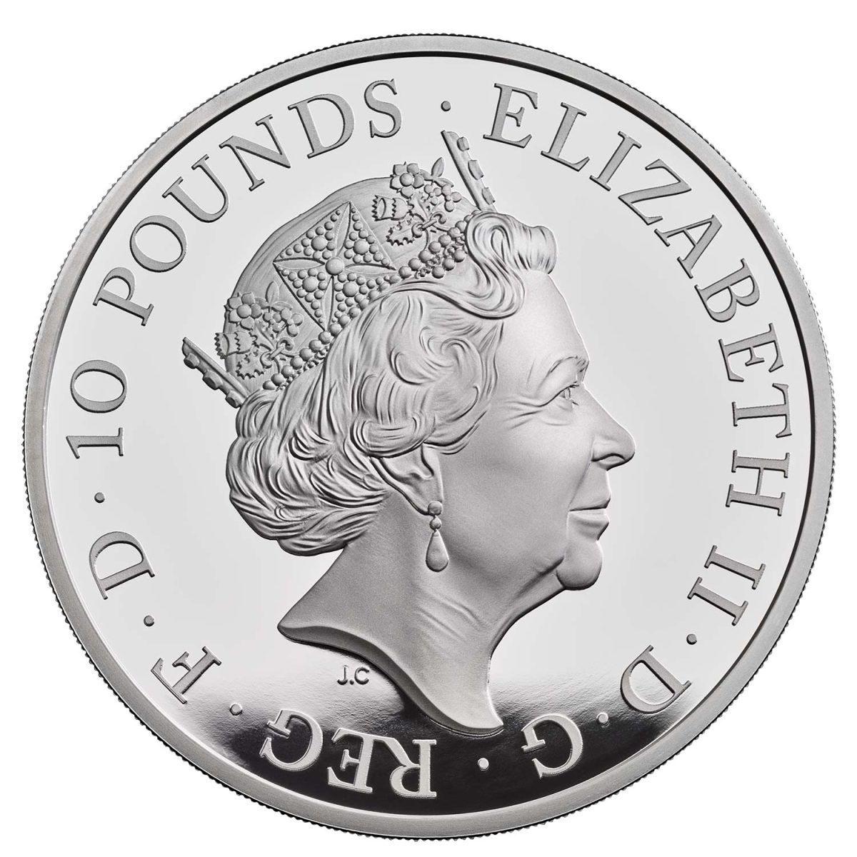10 Pounds - Elizabeth II 5th portrait; 5 oz Fine Silver obverse