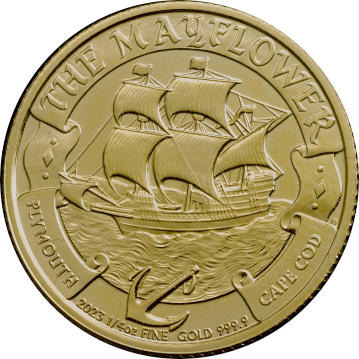 25 Pounds - Elizabeth II Posthumous; Mayflower; 1/4 oz Fine Gold reverse