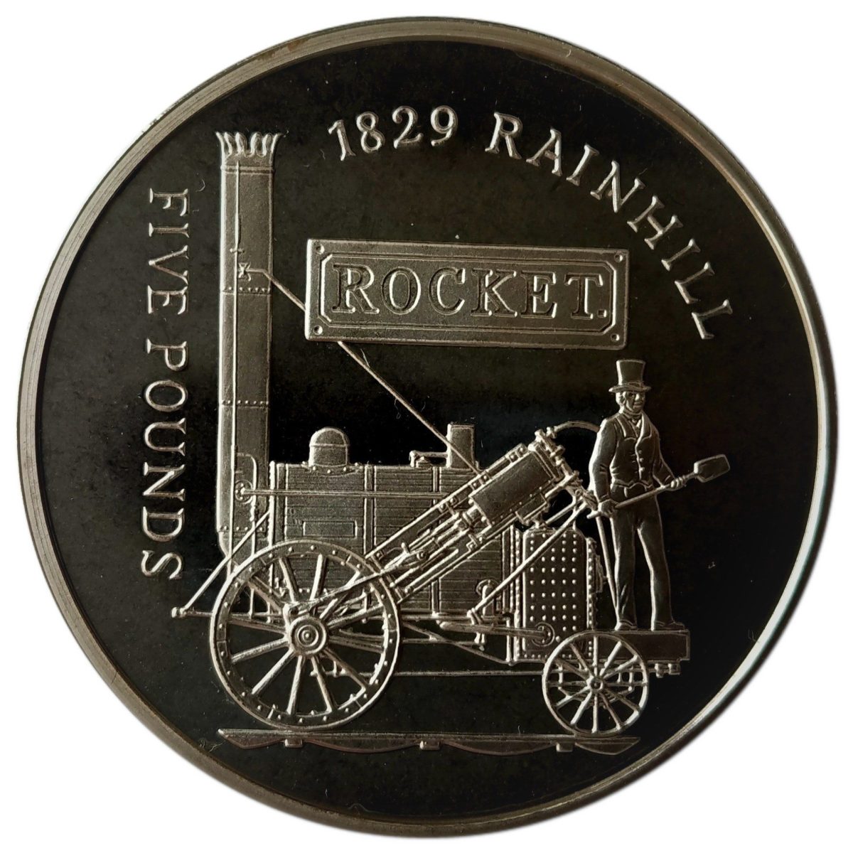 Alderney 5 Pounds - Elizabeth II The Rocket; Silver Proof reverse