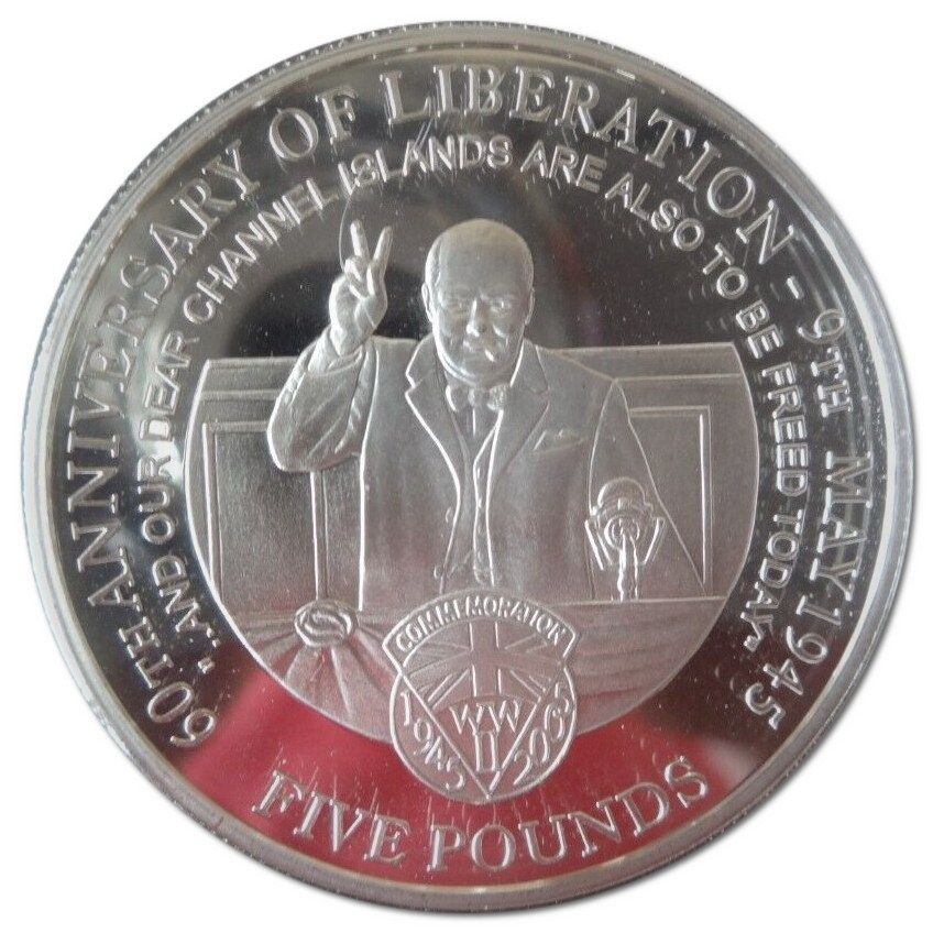 Alderney 5 Pounds - Elizabeth II Sir Winston Churchill; Silver Proof reverse
