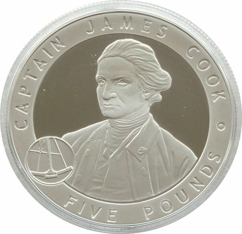 Alderney 5 Pounds - Elizabeth II Captain James Cook; Silver Proof Issue reverse