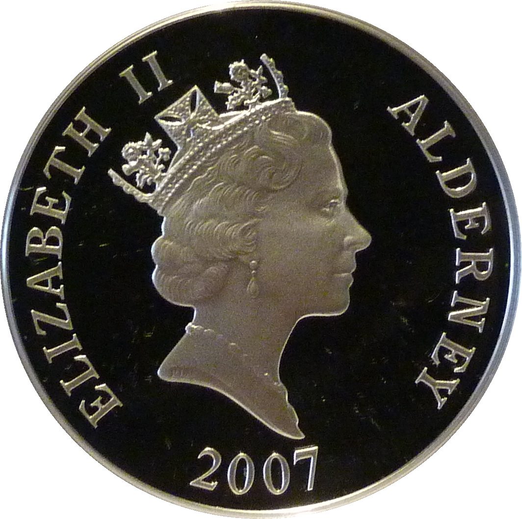 Alderney 5 Pounds - Elizabeth II Sir Francis Drake; Silver Proof Issue obverse