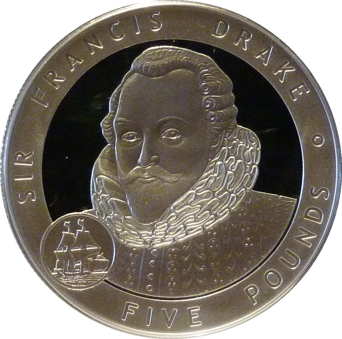 Alderney 5 Pounds - Elizabeth II Sir Francis Drake; Silver Proof Issue reverse