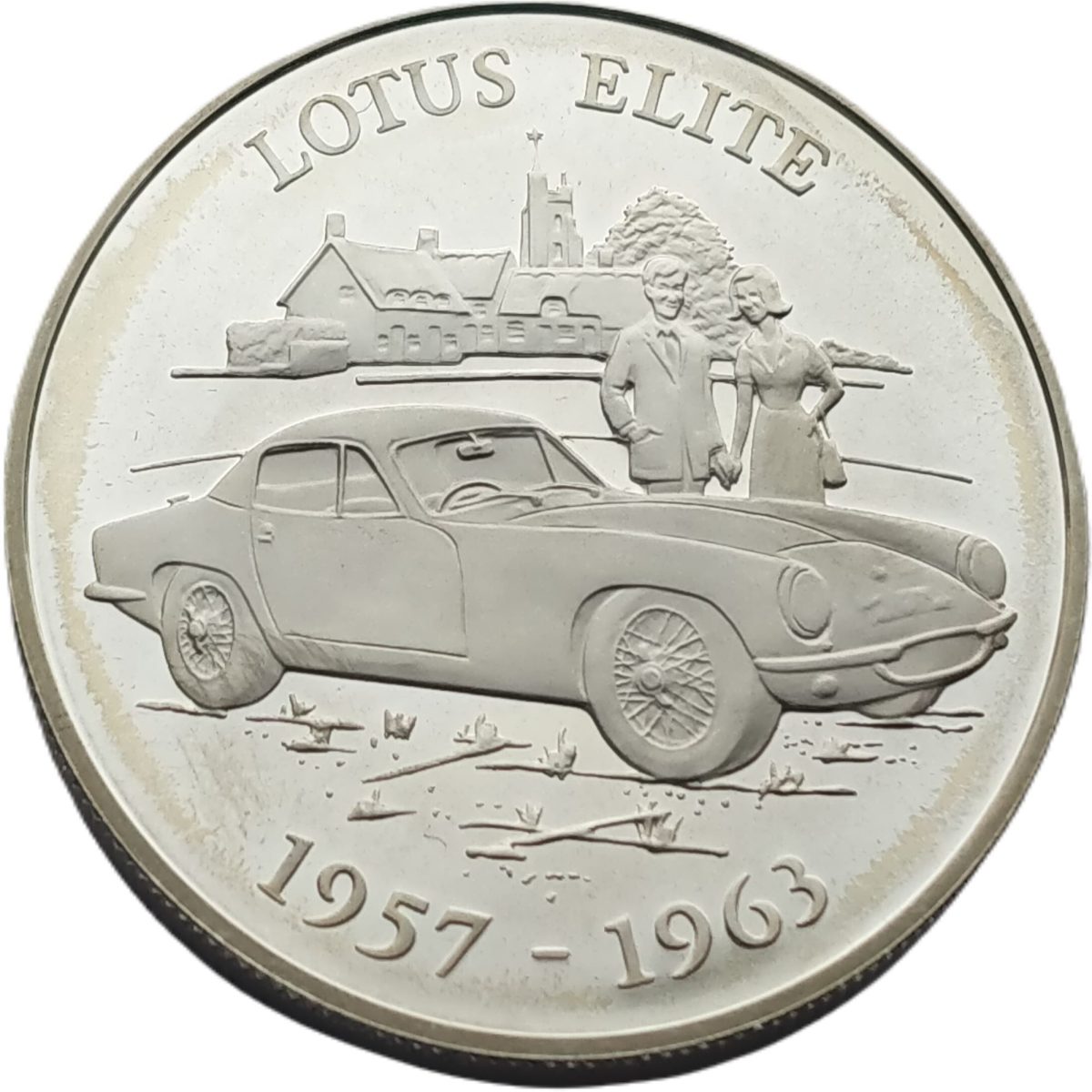 Alderney 5 Pounds - Elizabeth II Lotus Elite reverse