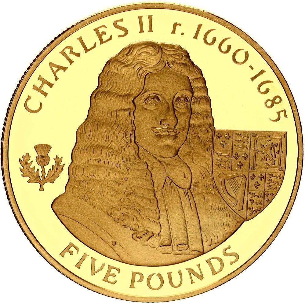 Alderney 5 Pounds - Elizabeth II Charles II reverse