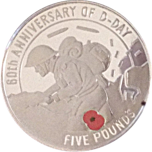 Guernsey 5 Pounds - Elizabeth II 60th anniversary of D-Day - Silver