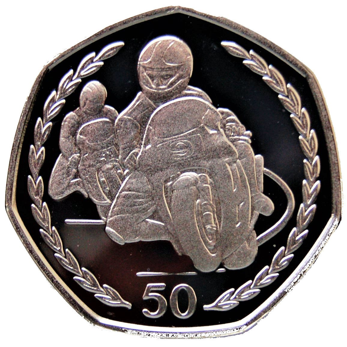 Isle of Man 50 Pence - Elizabeth II Tourist Trophy Motorcycle Race; Silver Proof