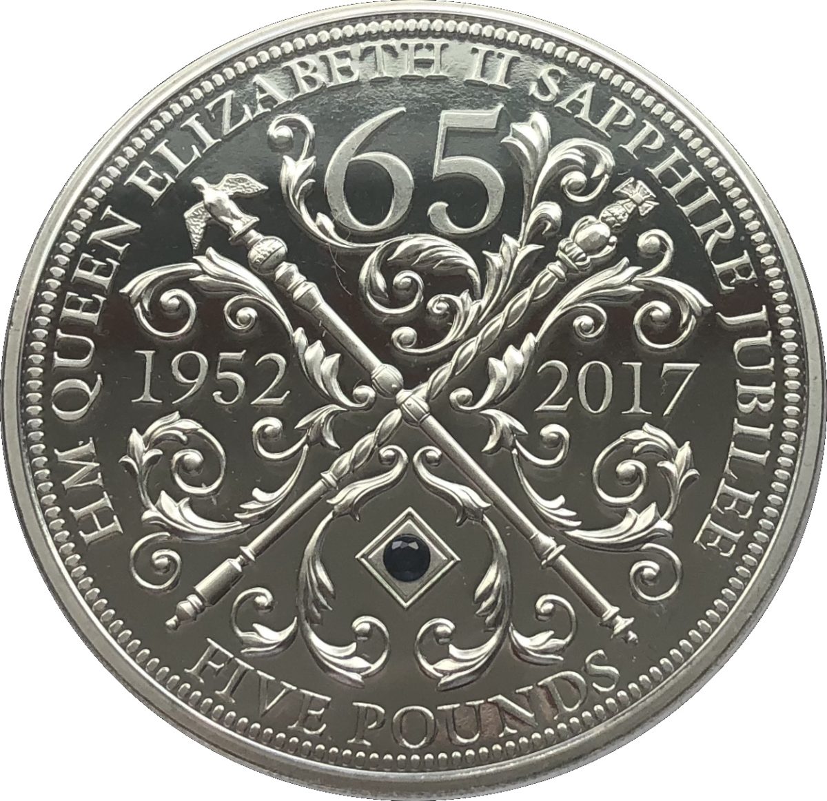 Guernsey 5 Pounds - Elizabeth II Sapphire Jubilee; Proof with blue crystal inset