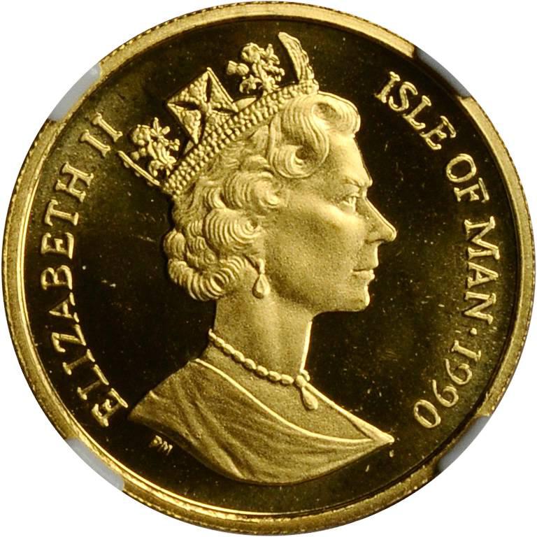 Isle of Man ⅕ Crown - Elizabeth II New York Alley cat; Gold - die error obverse