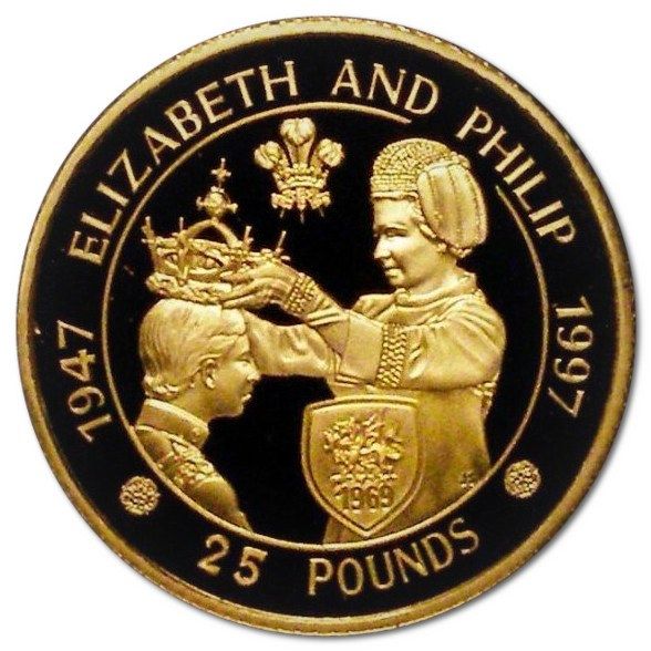 Alderney 25 Pounds - Elizabeth II Golden Wedding Anniversary