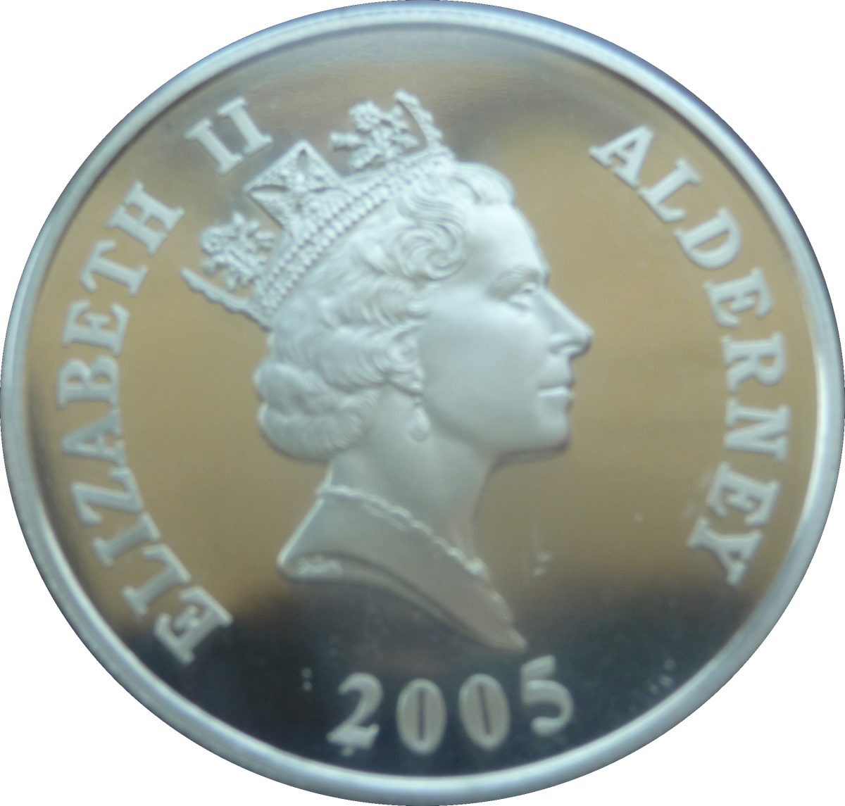 Alderney 5 Pounds - Elizabeth II H.M.S. Warspite; Silver Proof obverse