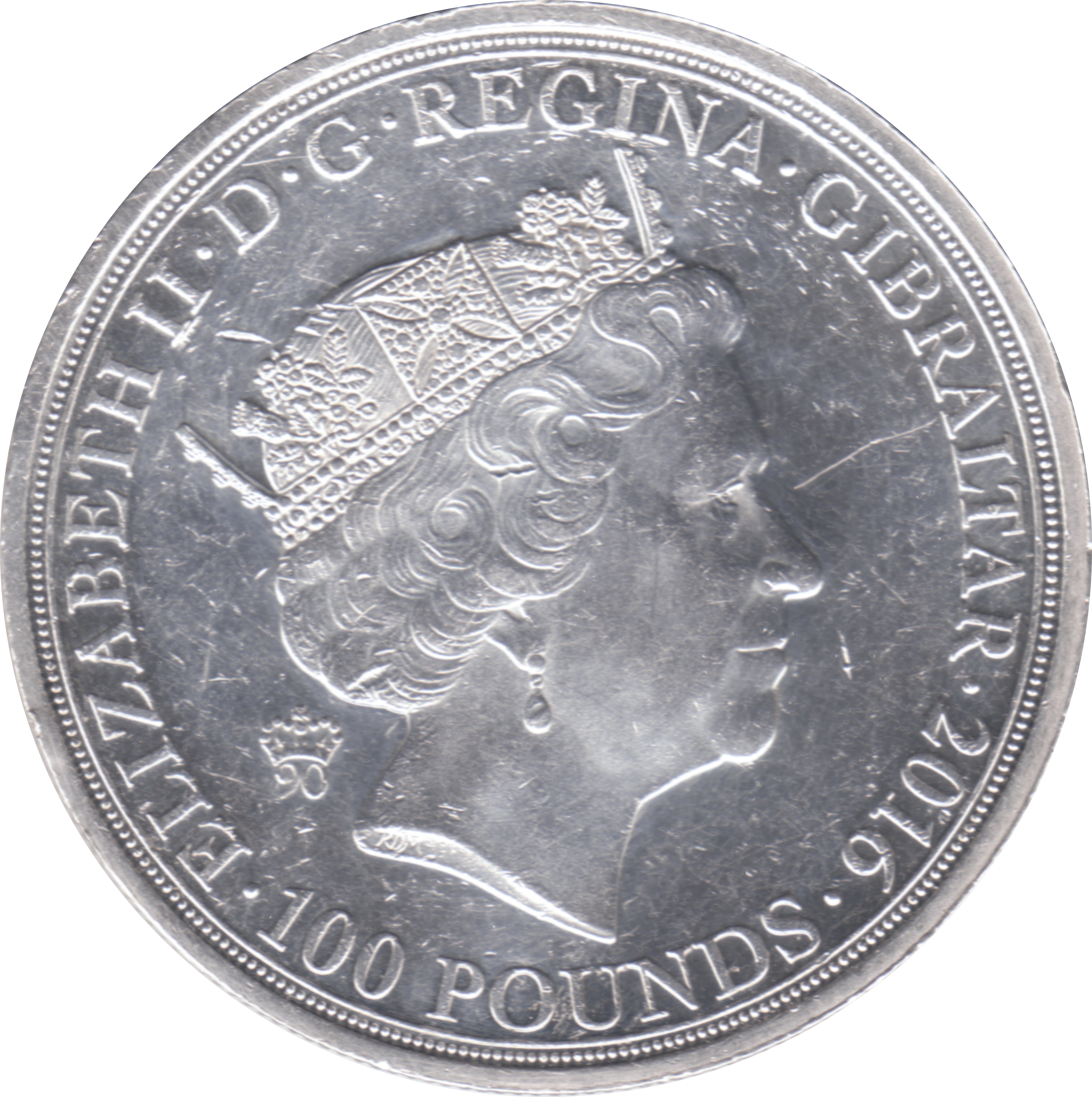 Gibraltar 100 Pounds - Elizabeth II 2 oz Silver Piedfort obverse