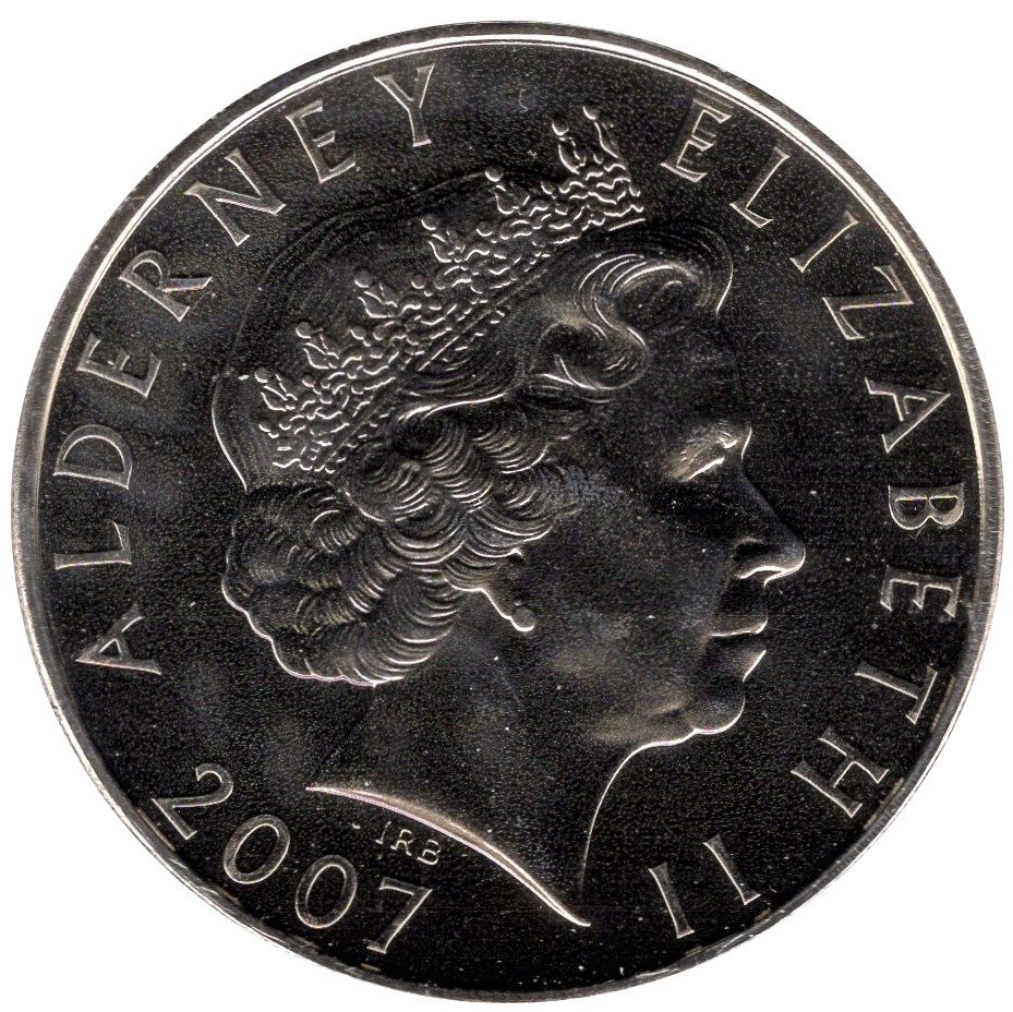 Alderney 5 Pounds - Elizabeth II 60th Wedding Anniversary; Honeymoon departure obverse