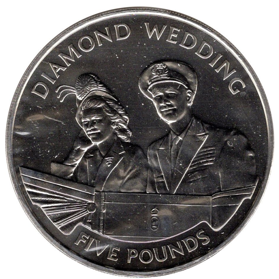 Alderney 5 Pounds - Elizabeth II 60th Wedding Anniversary; Honeymoon departure