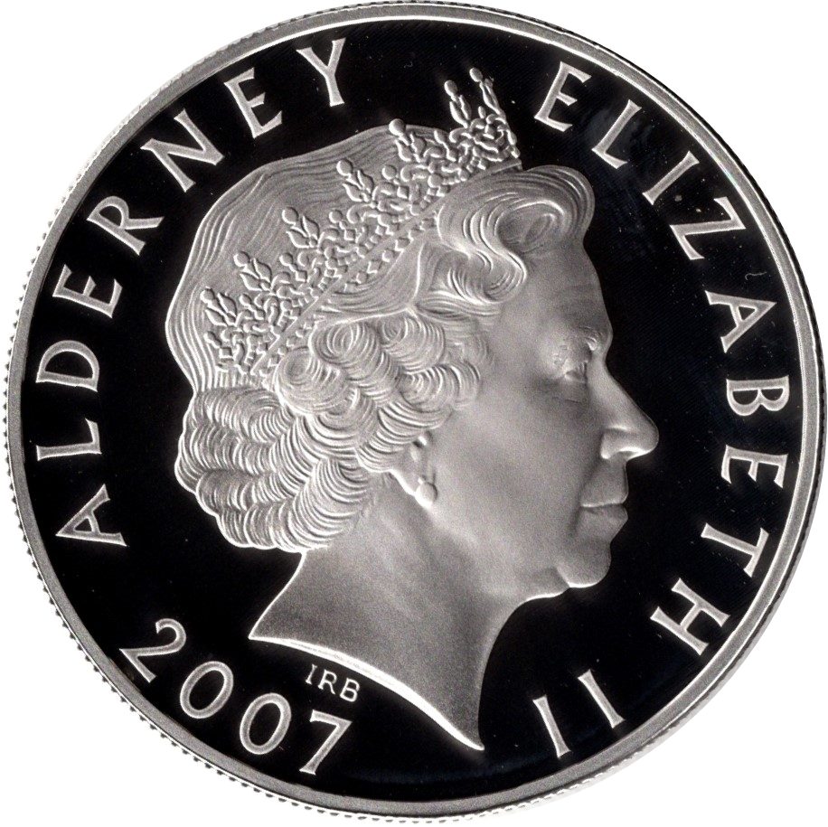 Alderney 5 Pounds - Elizabeth II 60th Wedding Anniversary - Modern Portraits; Silver Proof Issue obverse