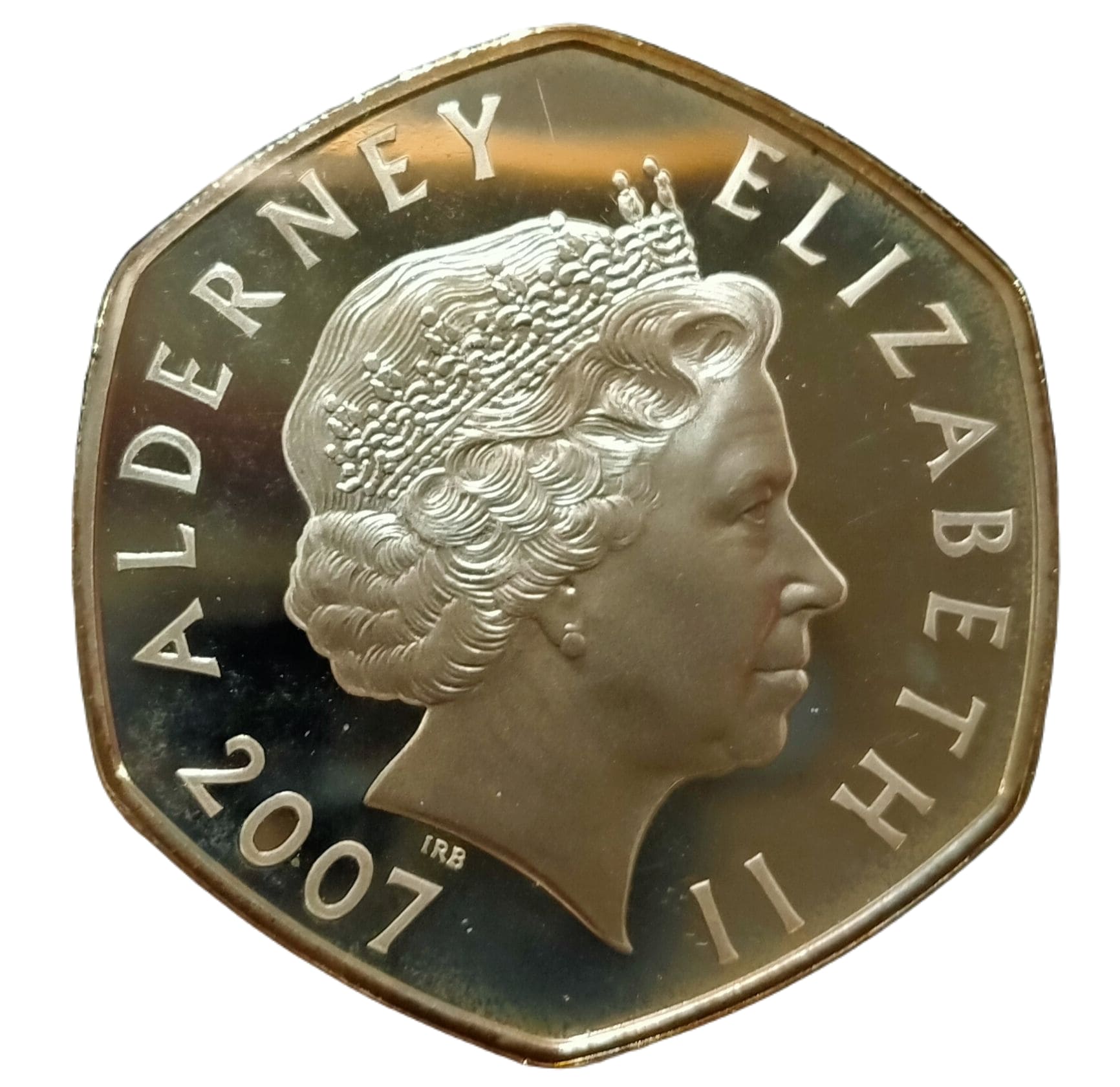 Alderney 5 Pounds - Elizabeth II 60th Wedding Anniversary; Couple at Westminster obverse