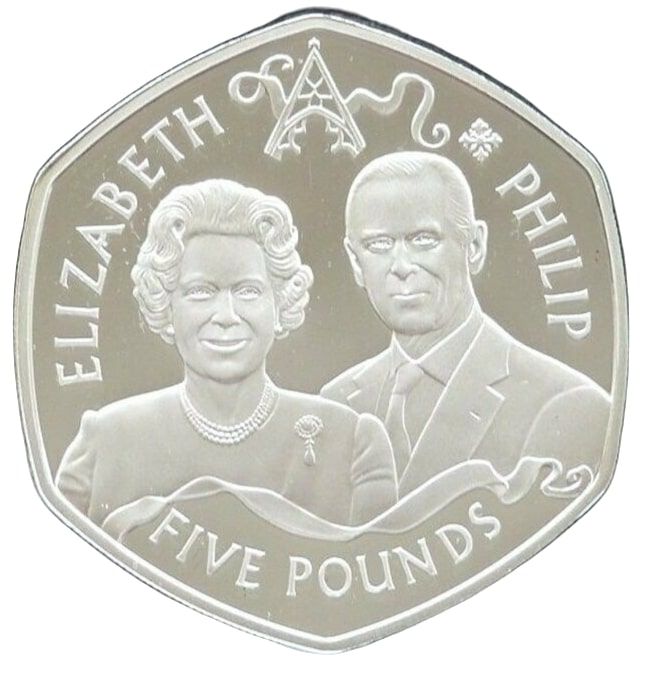 Alderney 5 Pounds - Elizabeth II 60th Wedding Anniversary; Modern portraits reverse