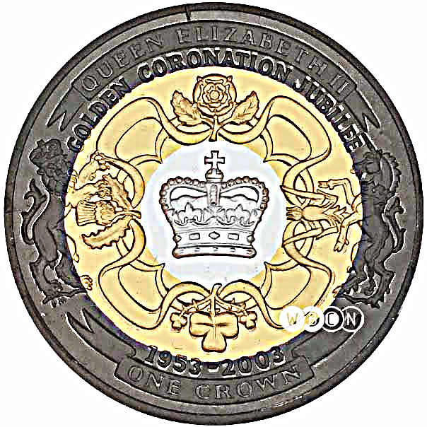 Isle of Man 1 Crown - Elizabeth II Golden Jubilee Coronation; Tri-colour Silver reverse