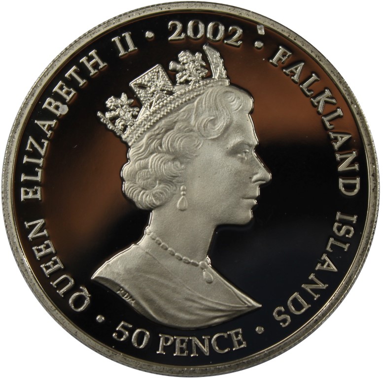 Falkland Islands 50 Pence - Elizabeth II Queen on throne; colored obverse