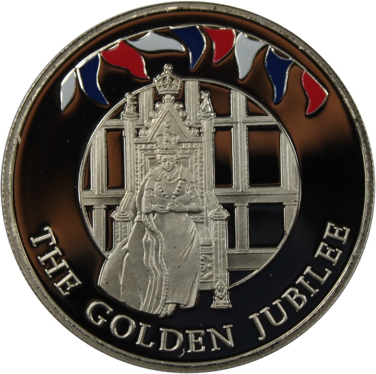 Falkland Islands 50 Pence - Elizabeth II Queen on throne; colored reverse