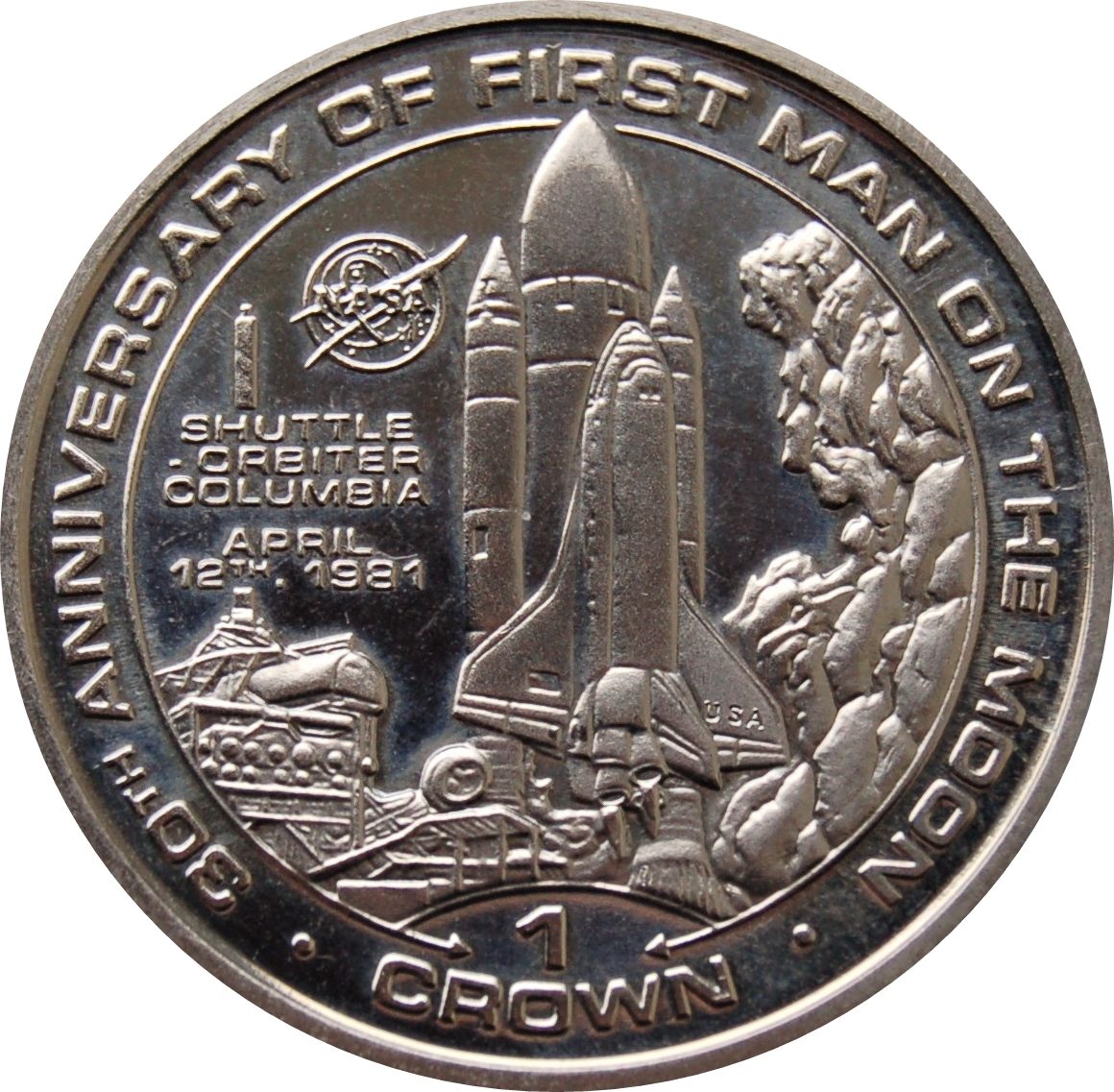 Isle of Man 1 Crown - Elizabeth II Shuttle orbiter Columbia reverse