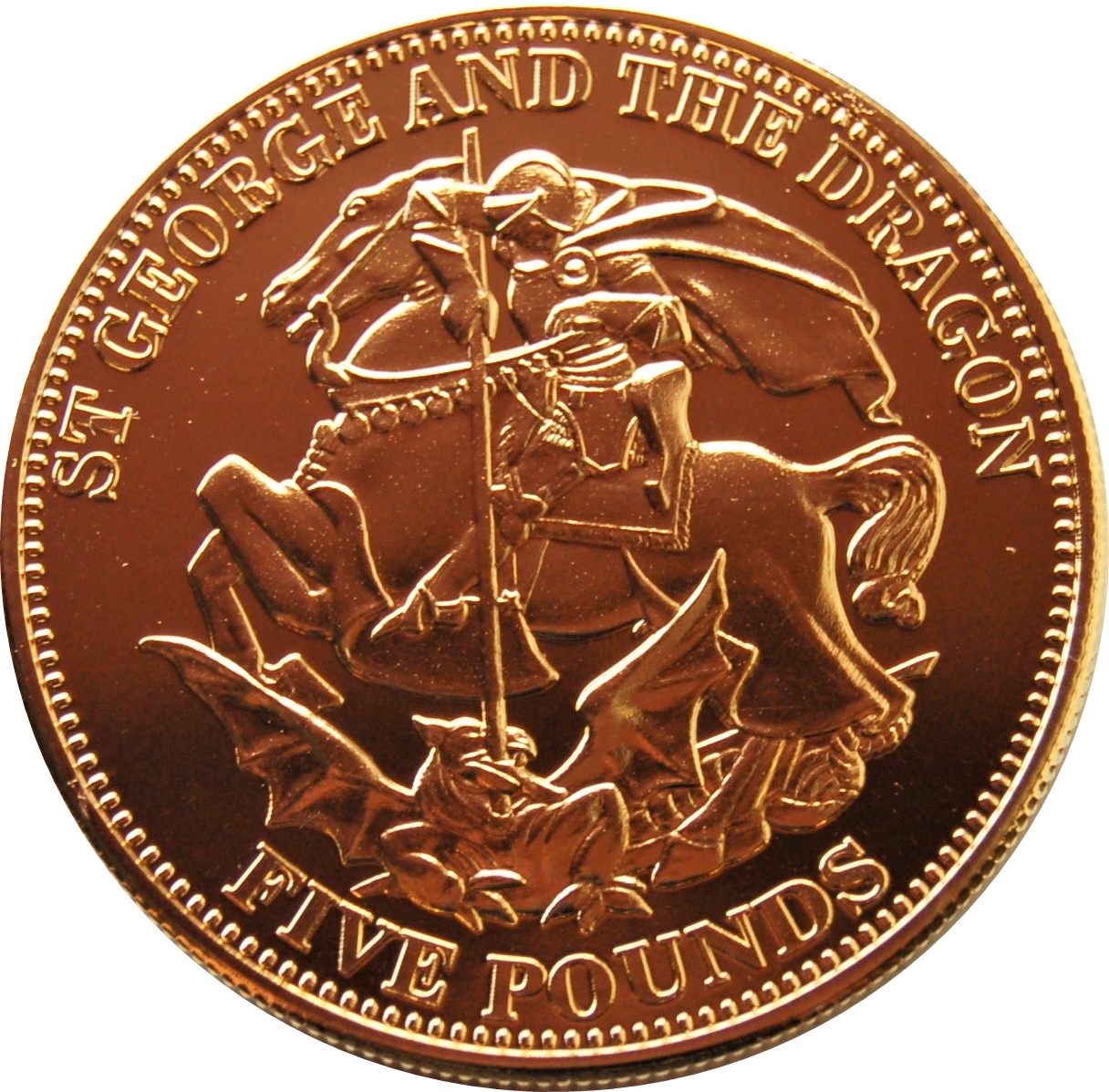 Tristan da Cunha 5 Pounds - Elizabeth II Saint George and the dragon; gold plated