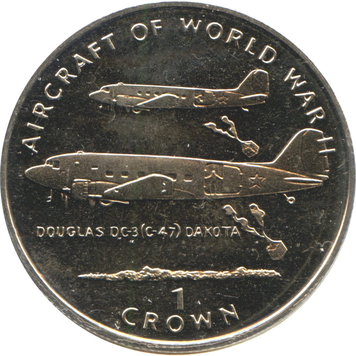 Isle of Man 1 Crown - Elizabeth II Douglas DC - 3 (C - 47) Dakota reverse