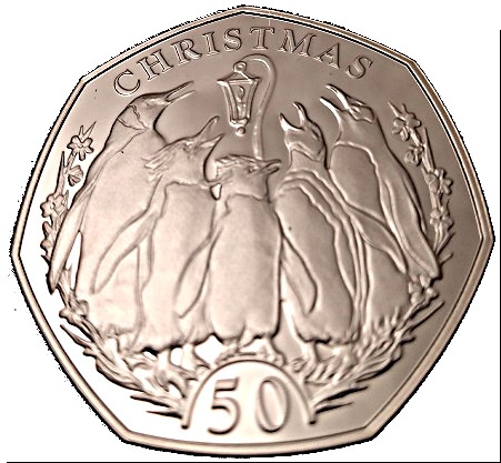 Falkland Islands 50 Pence - Elizabeth II Penguin carol-singers; Piedfort reverse