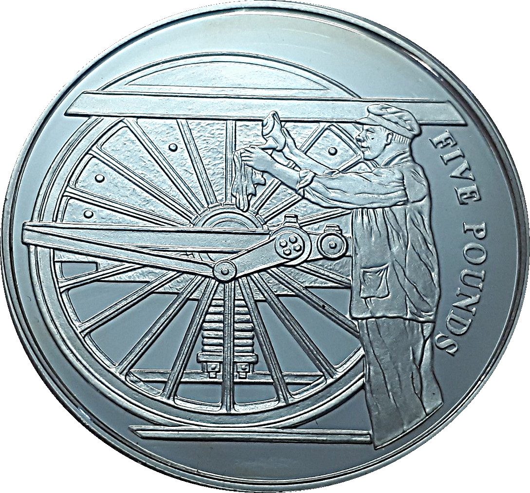 Alderney 5 Pounds - Elizabeth II Preparing the Locomotive; Silver Proof reverse