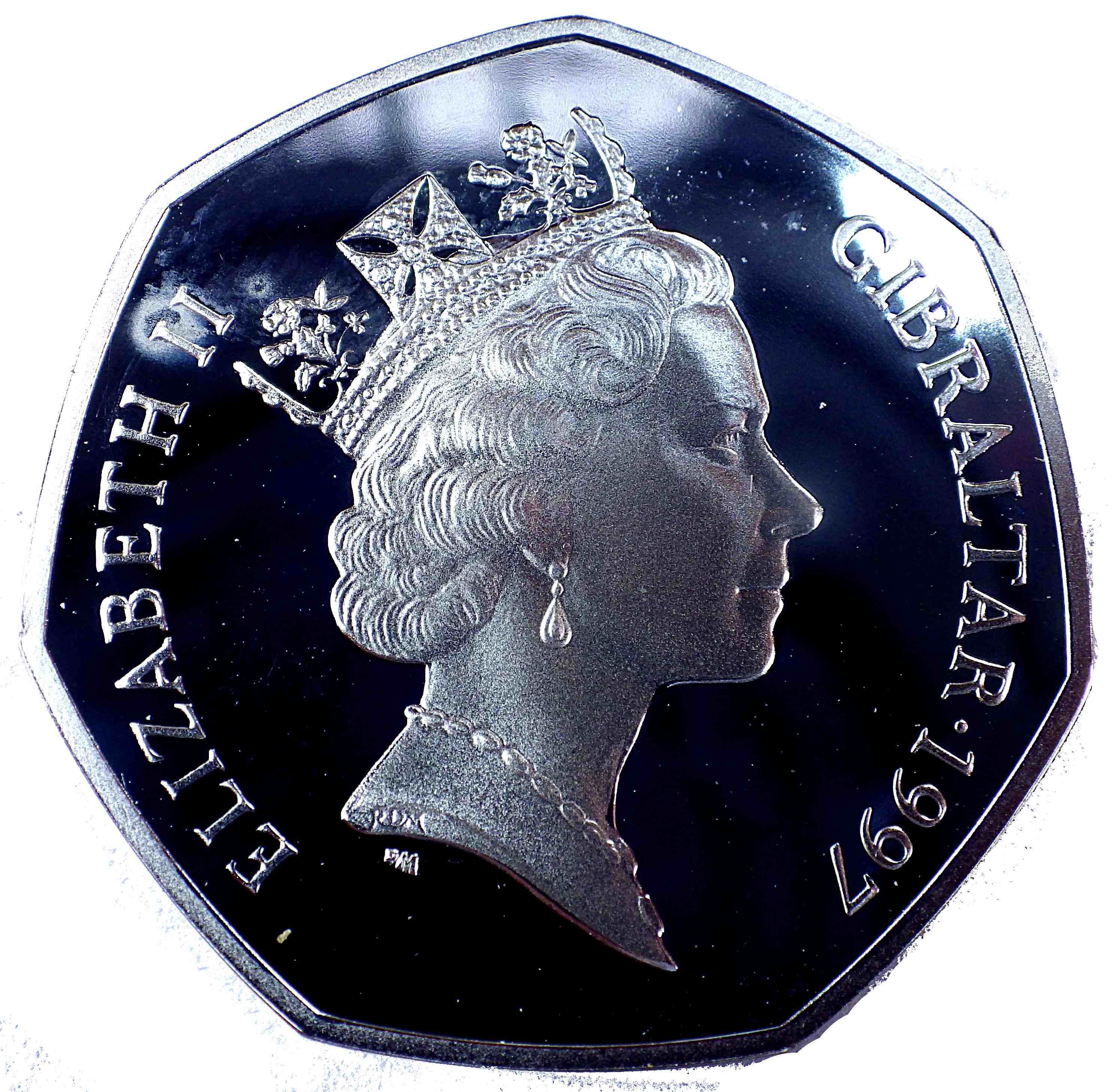 Gibraltar 50 Pence - Elizabeth II Dolphins - small type; Silver Proof obverse