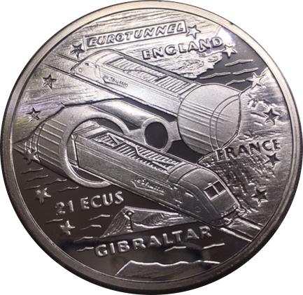 Gibraltar 21 ECUs - Elizabeth II Eurotunnel reverse