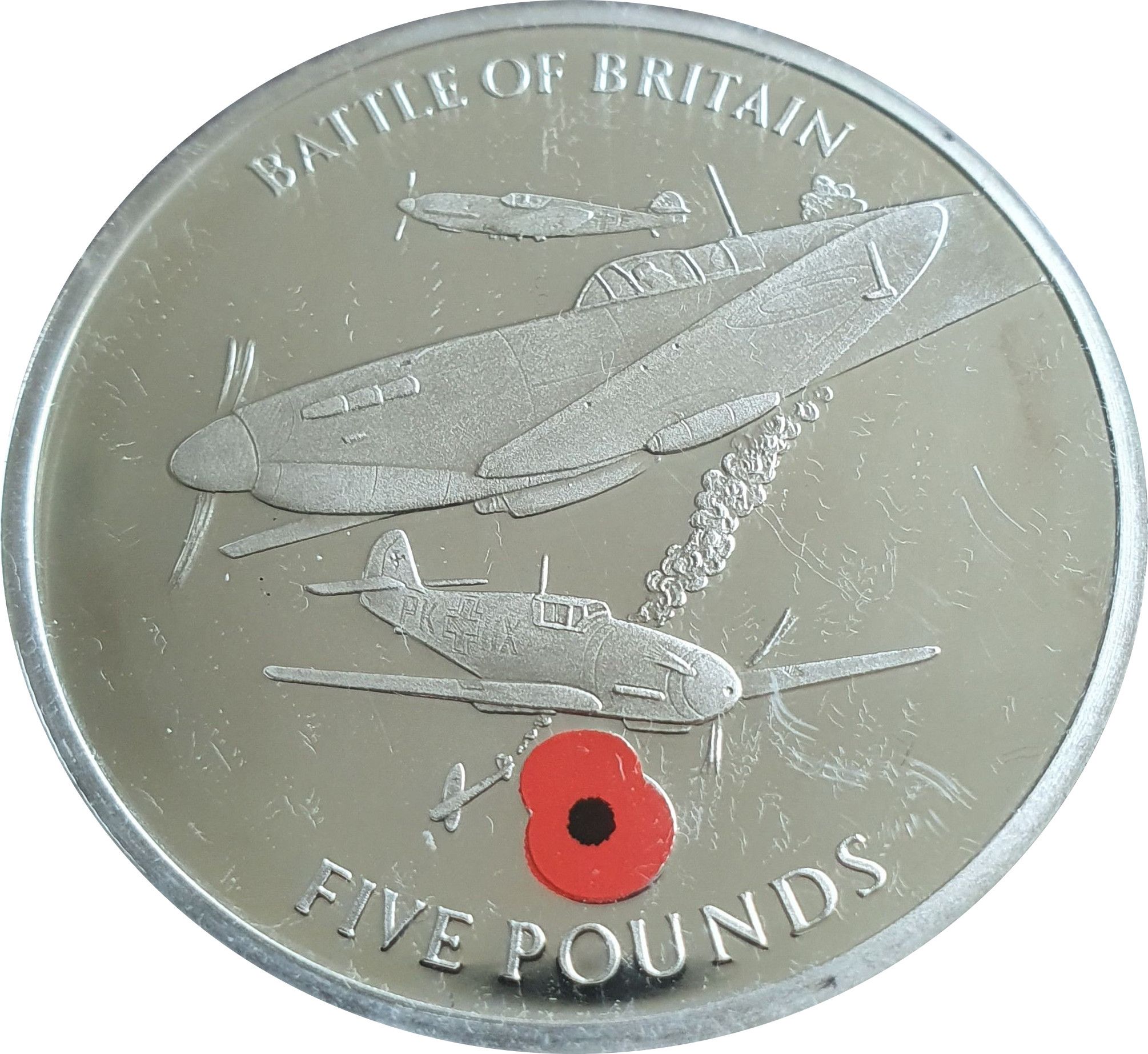 Gibraltar 5 Pounds - Elizabeth II Battle of Britain - Coloured Poppy reverse