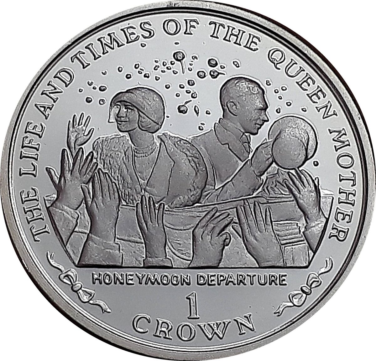 Isle of Man 1 Crown - Elizabeth II The Queen Mother's Honeymoon; Silver Proof reverse