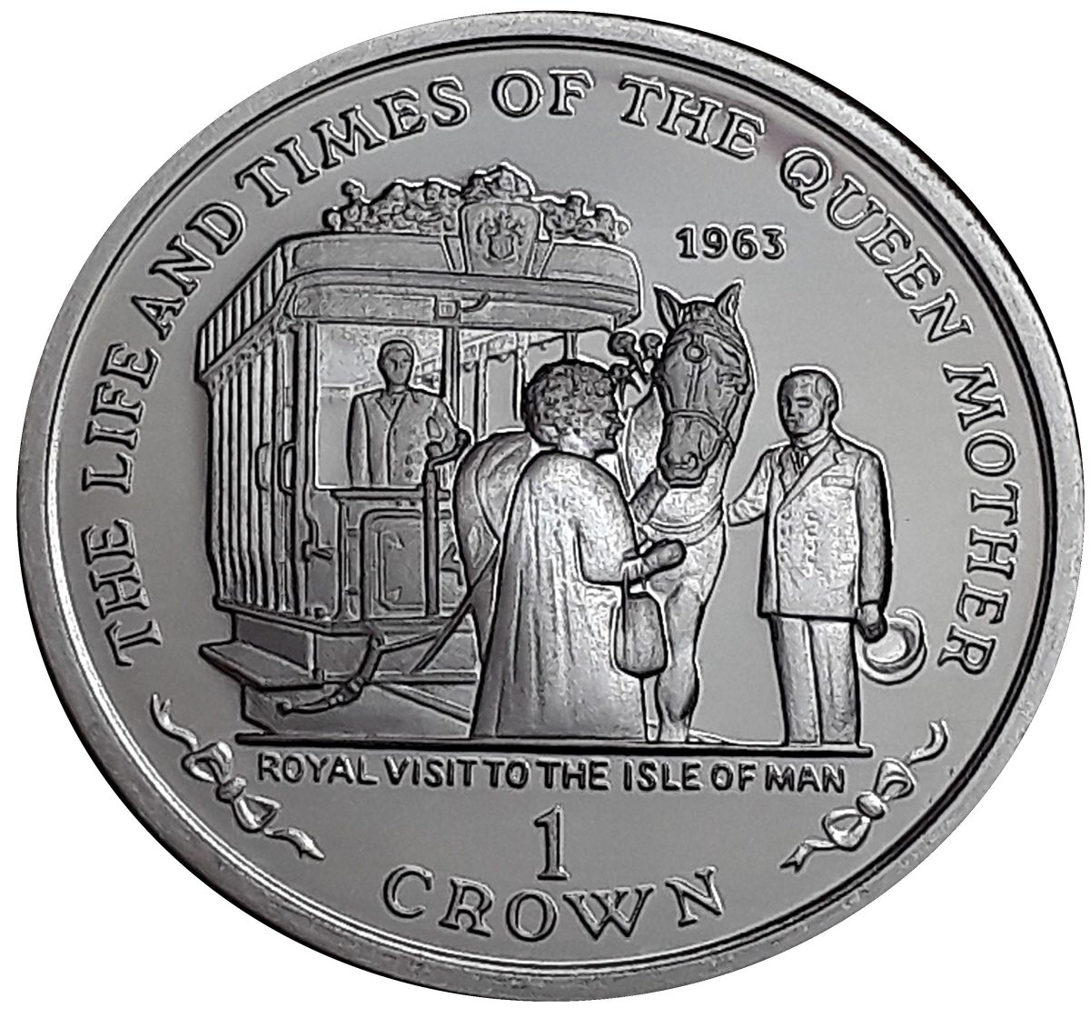 Isle of Man 1 Crown - Elizabeth II Queen Mother - Royal Visit 1963; Silver Proof reverse
