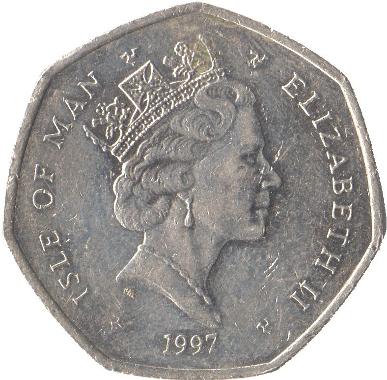 Isle of Man 50 Pence - Elizabeth II Tourist Trophy Motorcycle Races; reduced size obverse