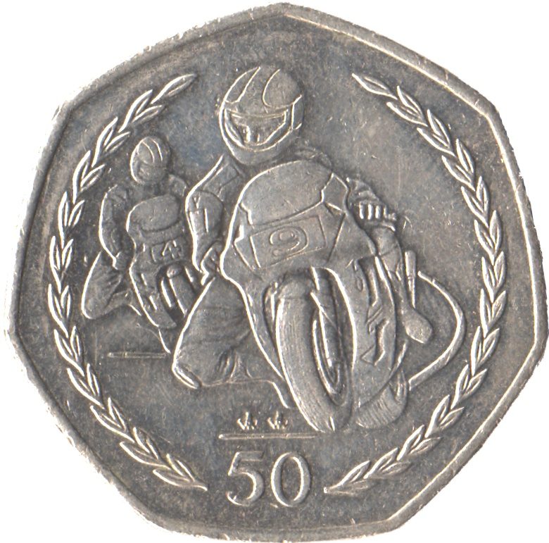 Isle of Man 50 Pence - Elizabeth II Tourist Trophy Motorcycle Races; reduced size