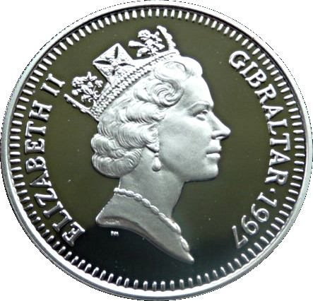 Gibraltar 5 Pounds - Elizabeth II Arrival of Commodore Nelson; Silver Proof obverse