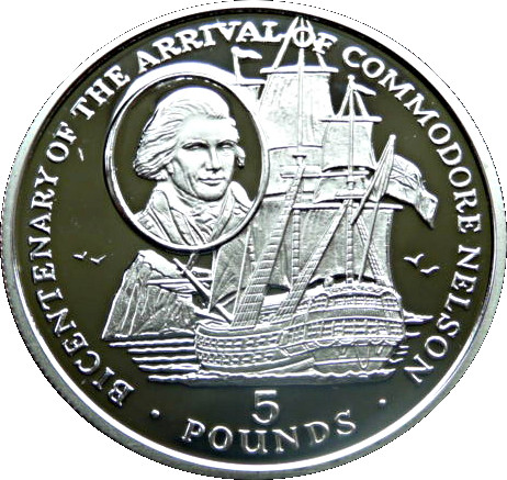 Gibraltar 5 Pounds - Elizabeth II Arrival of Commodore Nelson; Silver Proof