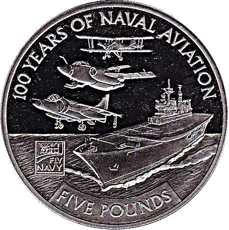 Guernsey 5 Pounds - Elizabeth II HMS Ark Royal with combat aircraft; Silver Proof reverse
