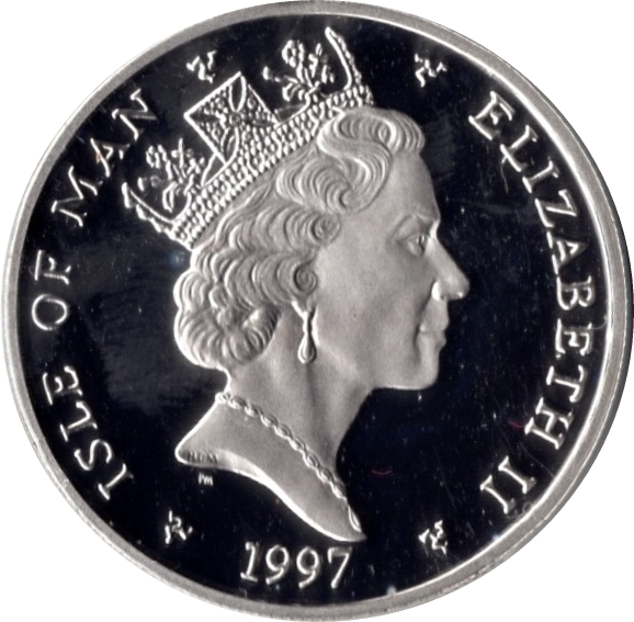 Isle of Man 5 Pounds - Elizabeth II Golden Wedding; Silver Proof obverse