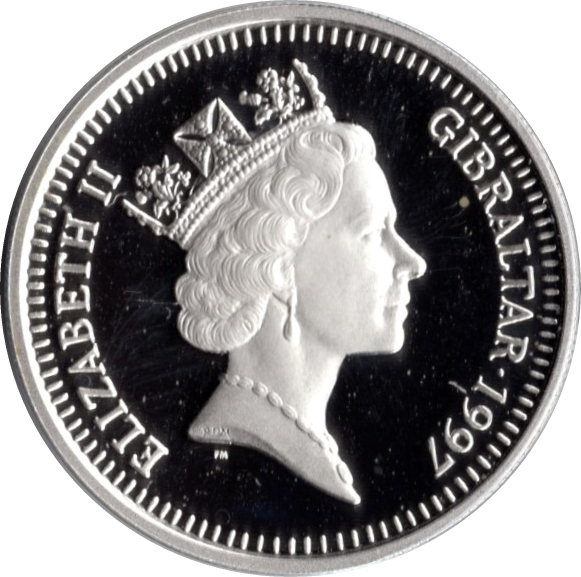 Gibraltar 5 Pounds - Elizabeth II Golden Wedding; Silver Proof obverse