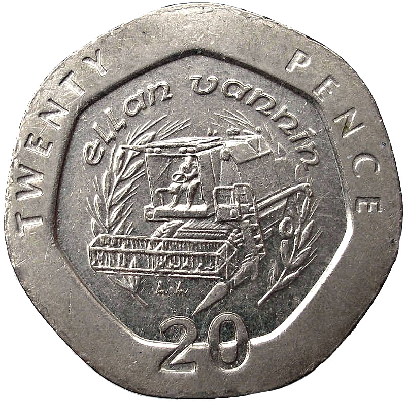 Isle of Man 20 Pence - Elizabeth II Combine harvester; wide rim