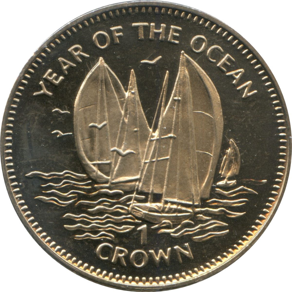 Isle of Man 1 Crown - Elizabeth II Year of the Ocean - Sailboats reverse