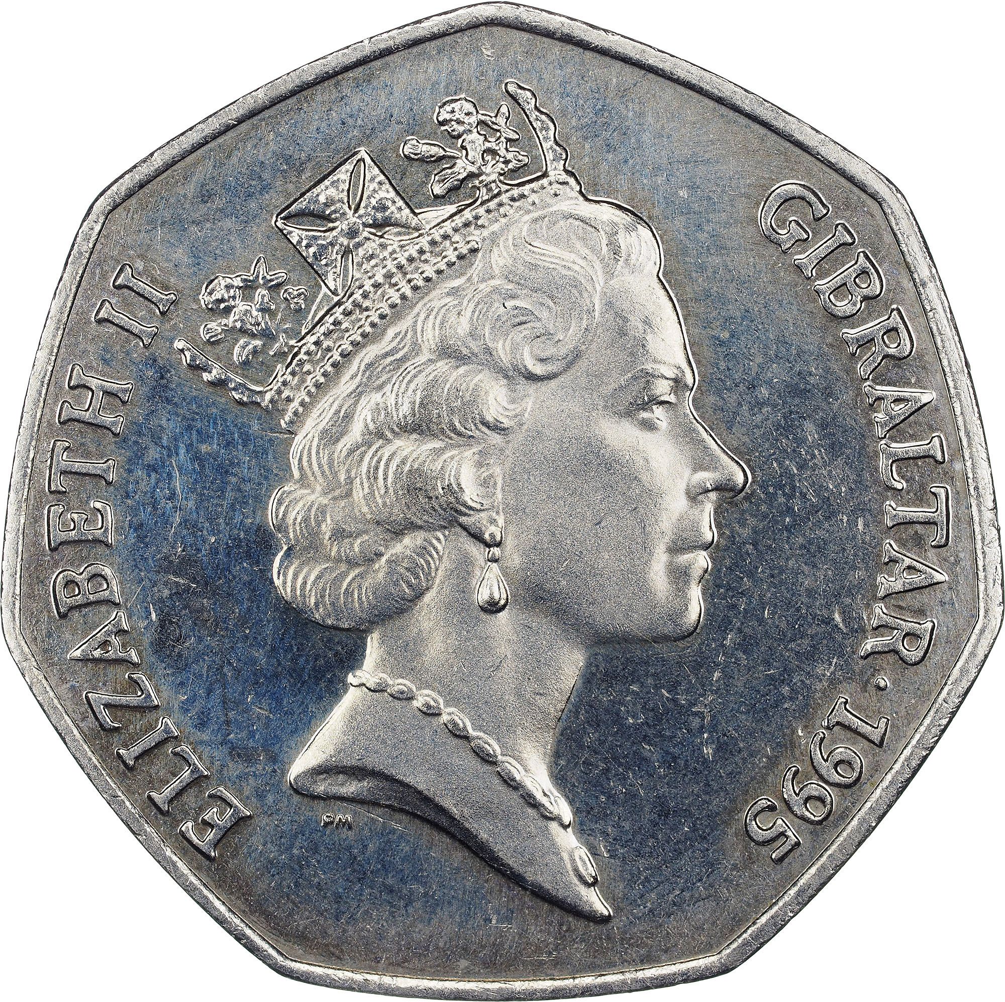 Gibraltar 50 Pence - Elizabeth II Dolphins - large type obverse