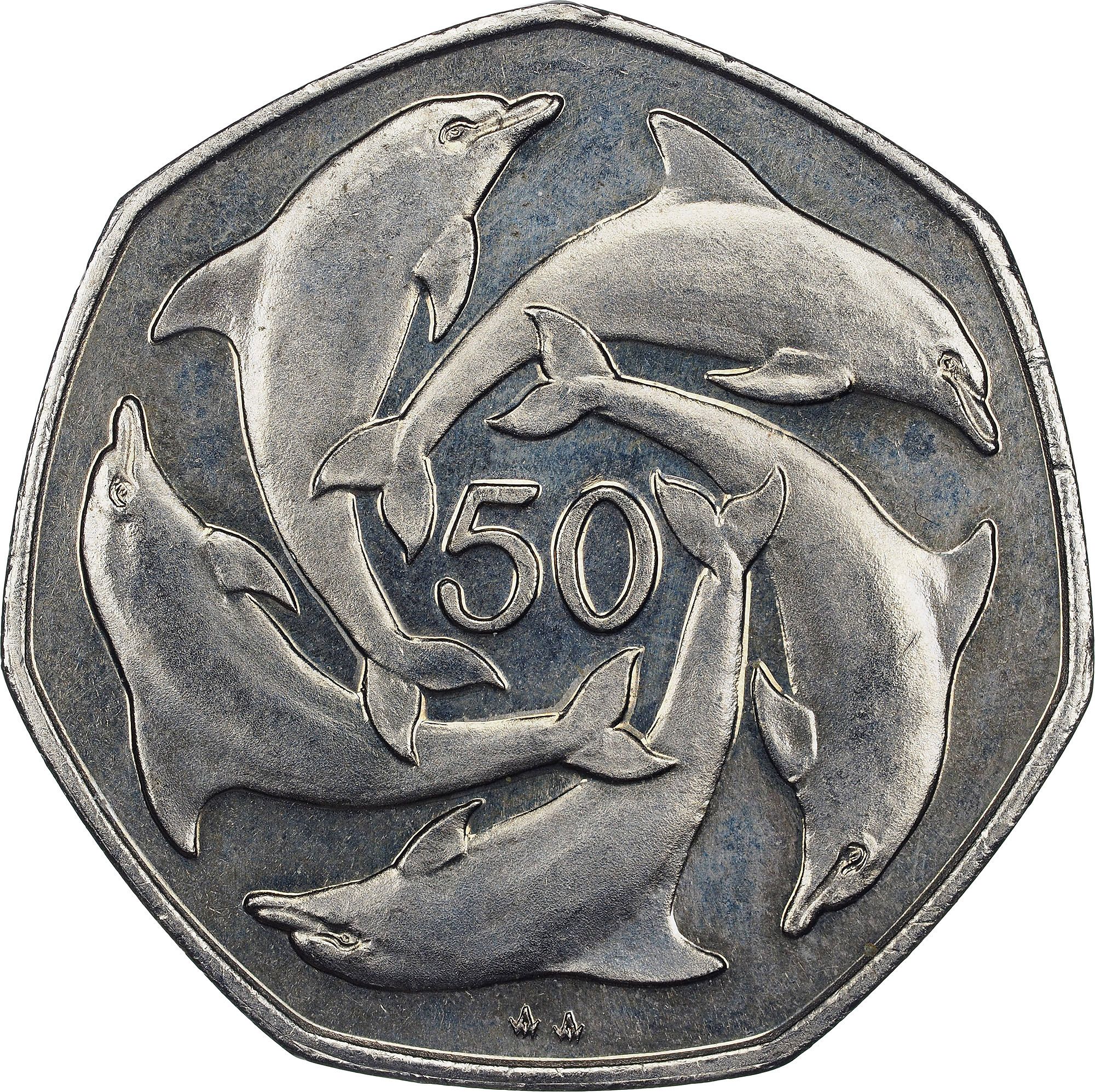 Gibraltar 50 Pence - Elizabeth II Dolphins - large type