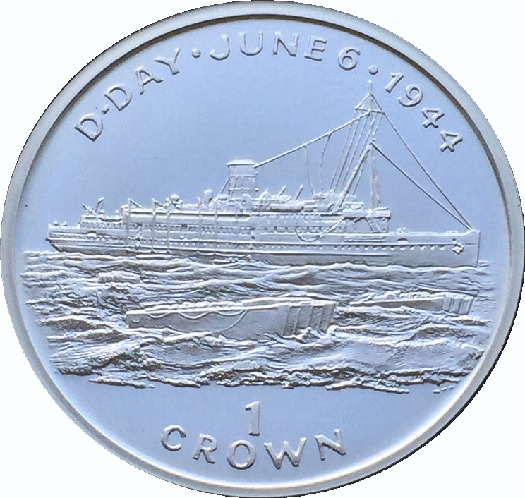 Isle of Man 1 Crown - Elizabeth II D-Day - Troop Ship, D-Day; Silver Proof reverse