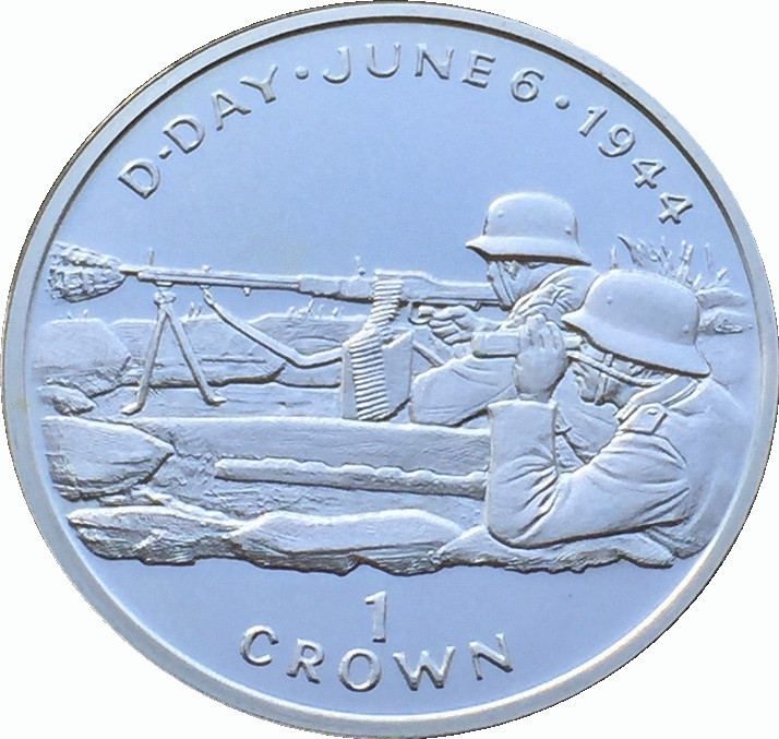 Isle of Man 1 Crown - Elizabeth II D-Day - German Machine Gun Position; Silver Proof