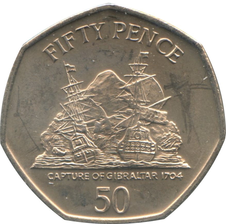 Gibraltar 50 Pence - Elizabeth II Capture of Gibraltar; redesigned