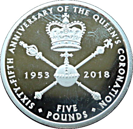 Tristan da Cunha 5 Pounds - Elizabeth II 65th Anniversary of Coronation-Crown, Orb and Crossed Sceptres