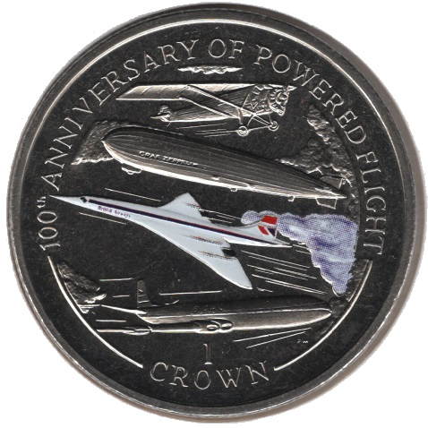 Isle of Man 1 Crown - Elizabeth II 100th Anniversary of Powered Flight; coloured version